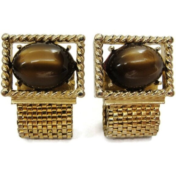 Swank Tiger Eye Cufflinks Mesh Set Gold Tone Wedding Tux Vintage IOB - Picture 13 of 16